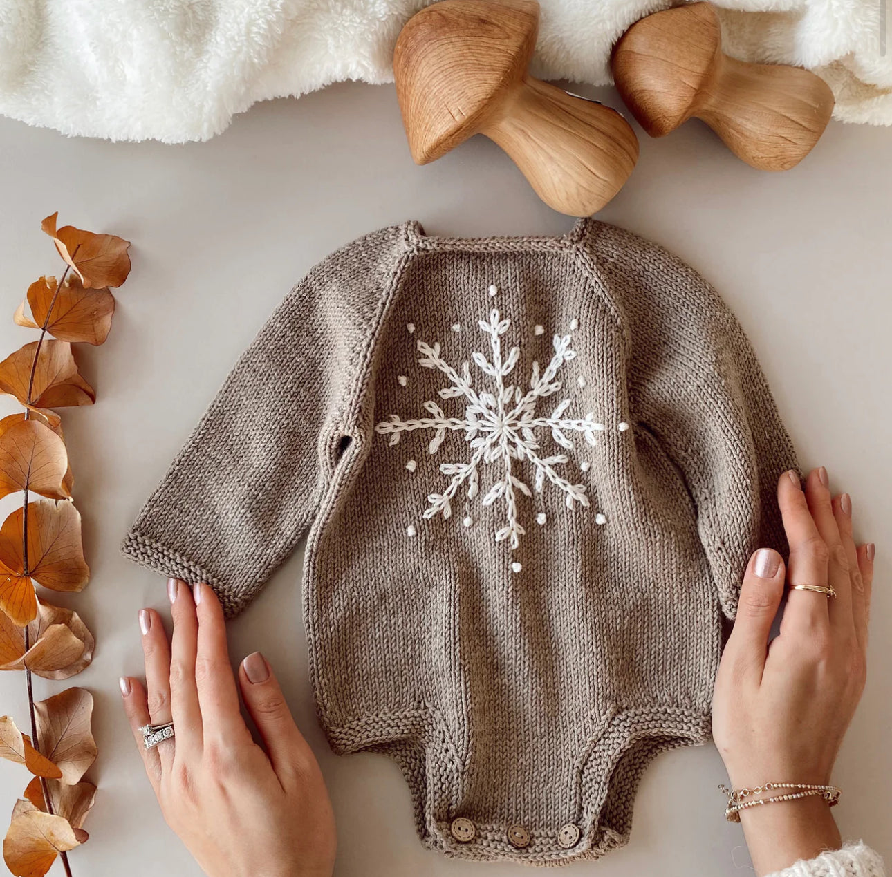 Handknitted snowflake knitted romper/bonnet brown
