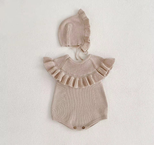 Light brown thick knit frill romper and bonnet set