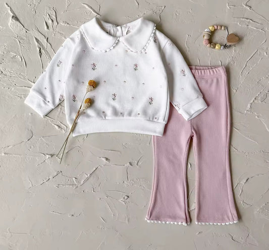 Two piece cotton embroidered flower jumper and leggings set