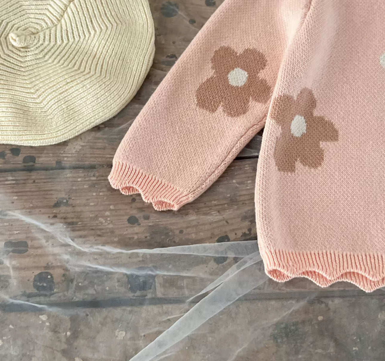Thickened knitted flower two piece pink set