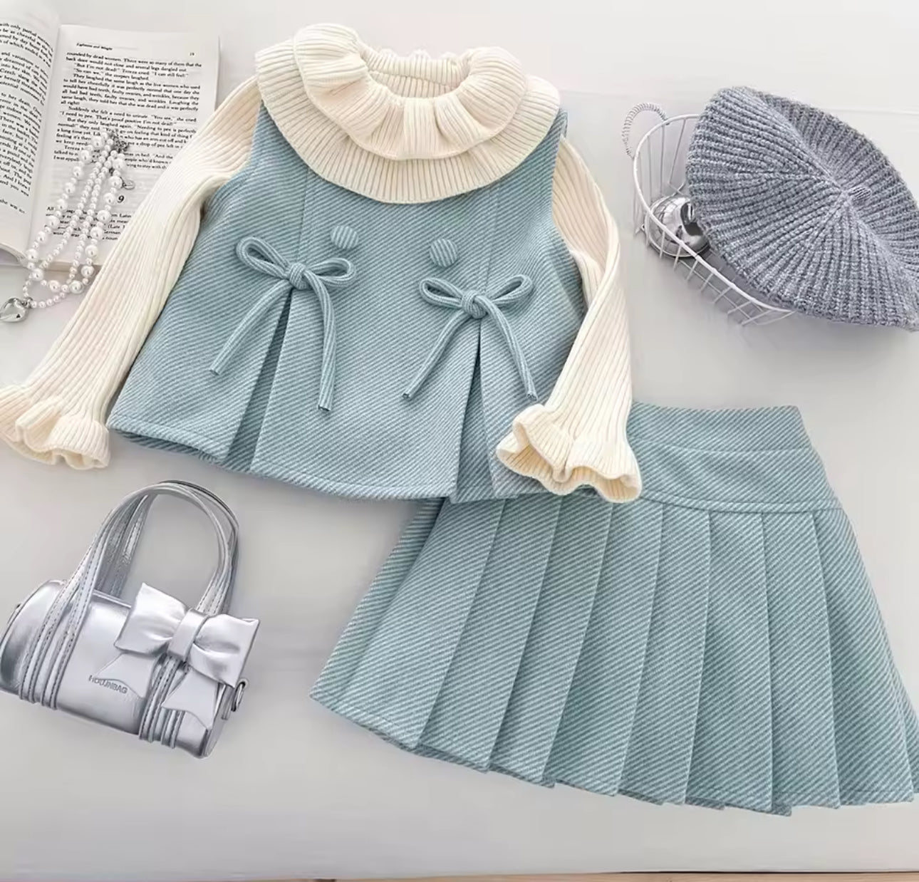 3 piece tailored tweed and knit frill top sets