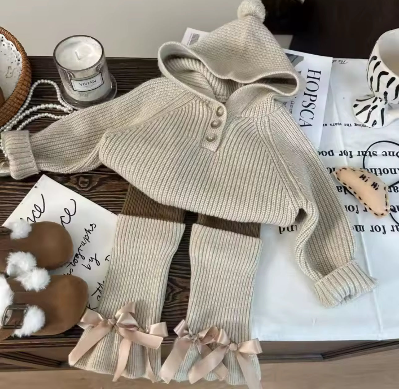 Knit ribbon hoodie leggings set