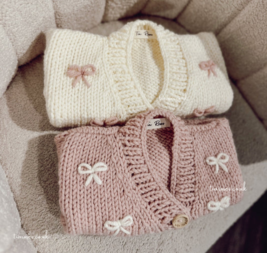 Mama and me handknitted loop bow 2 cardigan set pink