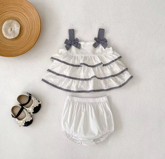 Blue ginghan bow summer top and bloomer set