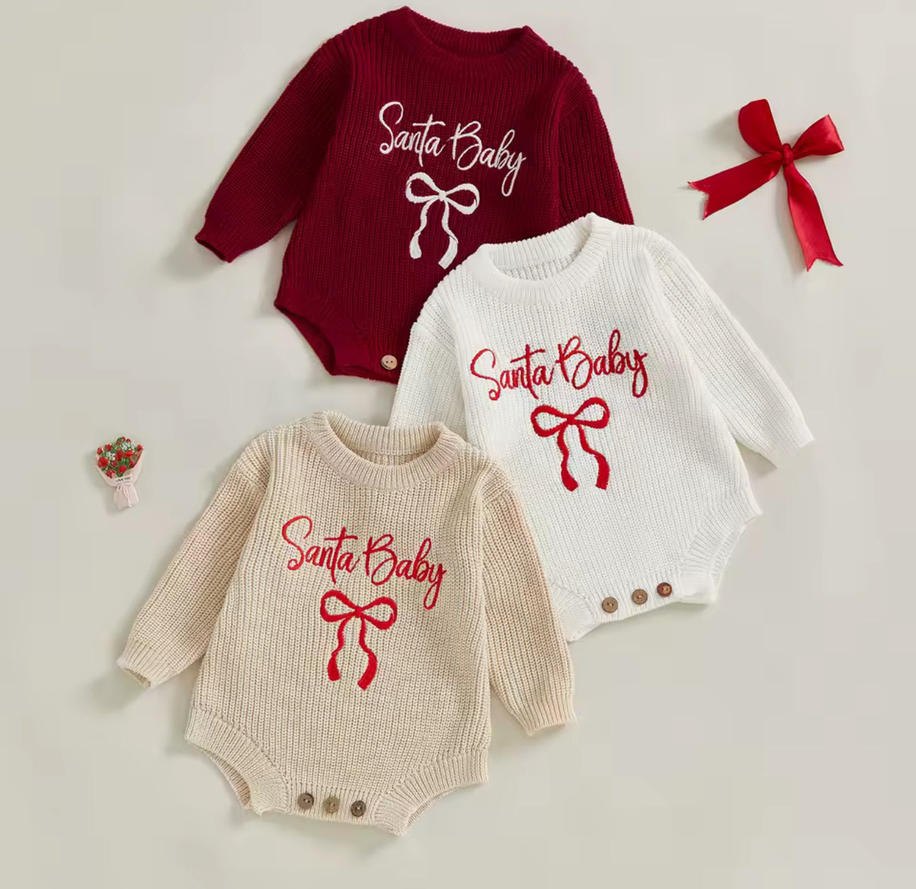 Santa baby knit embroidered romper