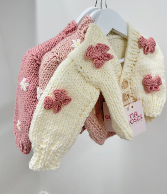 Mama and me handknitted chunky bow 2 cardigan set cream