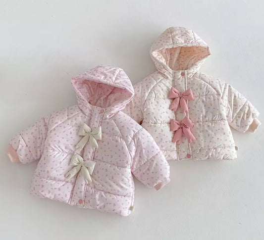 Floral bow puffer coats