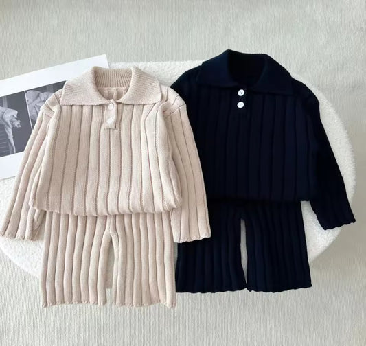 Unisex thick knit collar two piece top and wide trouser set