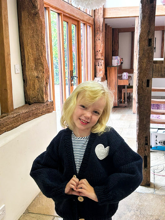 Navy summer handknitted white heart cardigan