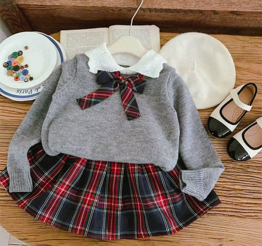 Christmas knit top and matching tartan skirt set