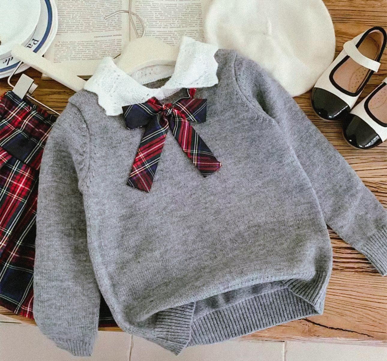 Christmas knit top and matching tartan skirt set