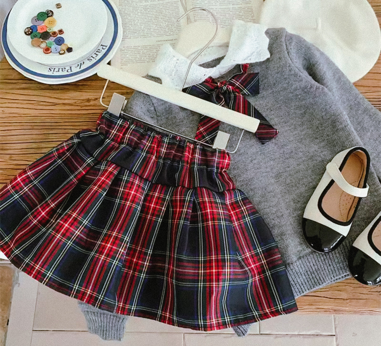 Christmas knit top and matching tartan skirt set