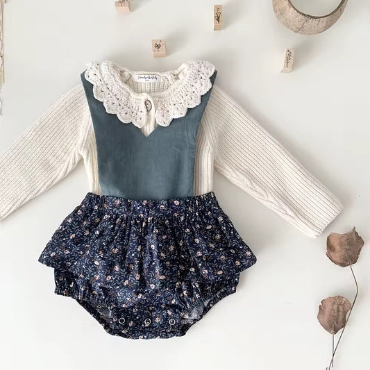 Knit cardigan and summer navy reversible romper set
