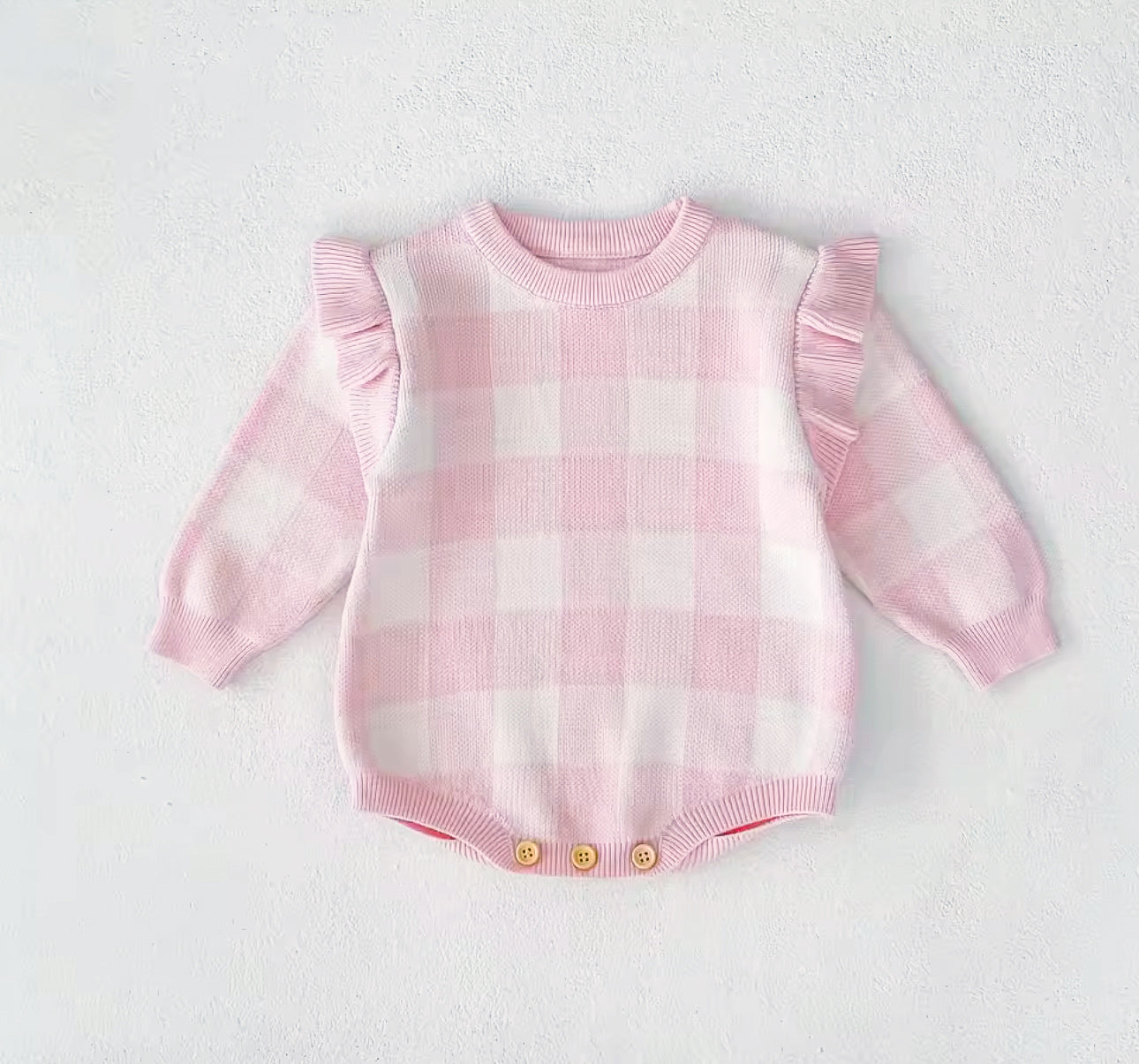 Baby pink gingham thick knit romper/bootie set
