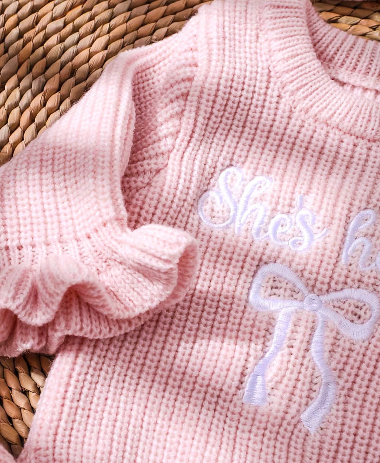 ‘She’s here’ embroidered baby pink frill romper & headband set