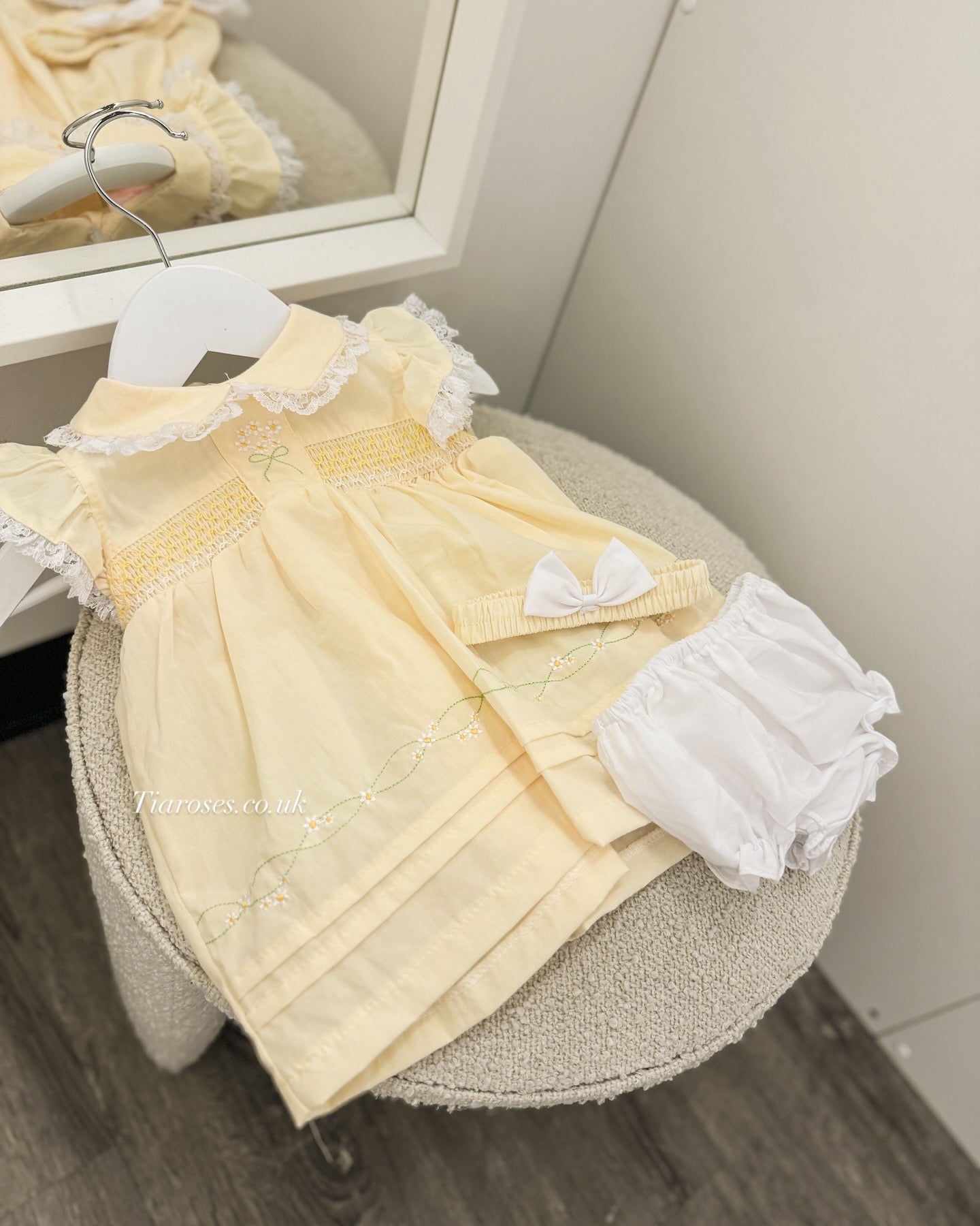 In stock summer lace lemon embroidered flower dress and white frill bloomer set