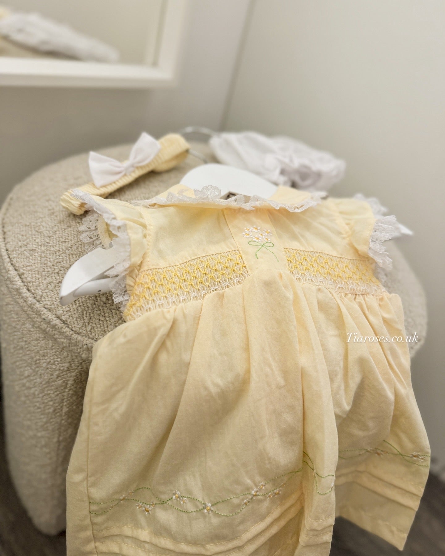 In stock summer lace lemon embroidered flower dress and white frill bloomer set