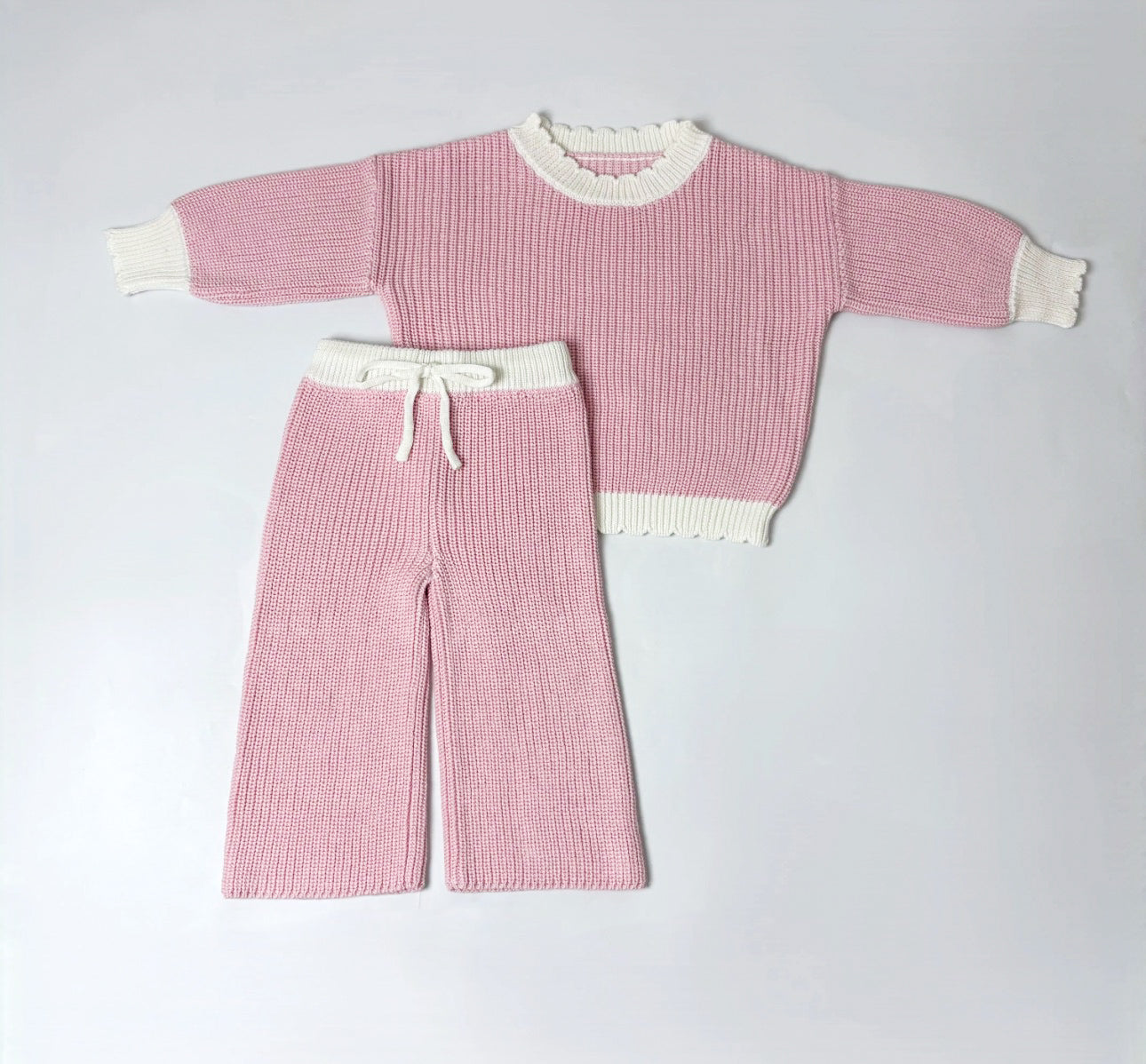 Pink and white trim top and wide leg trouser set