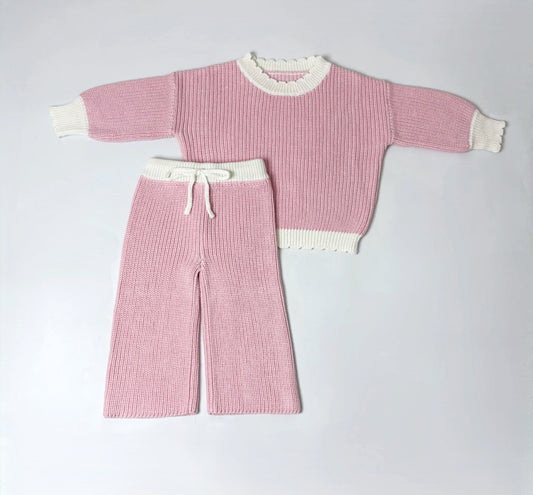 Pink and white trim top and wide leg trouser set