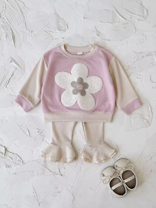 Soft ribbed summer flower top and flare set