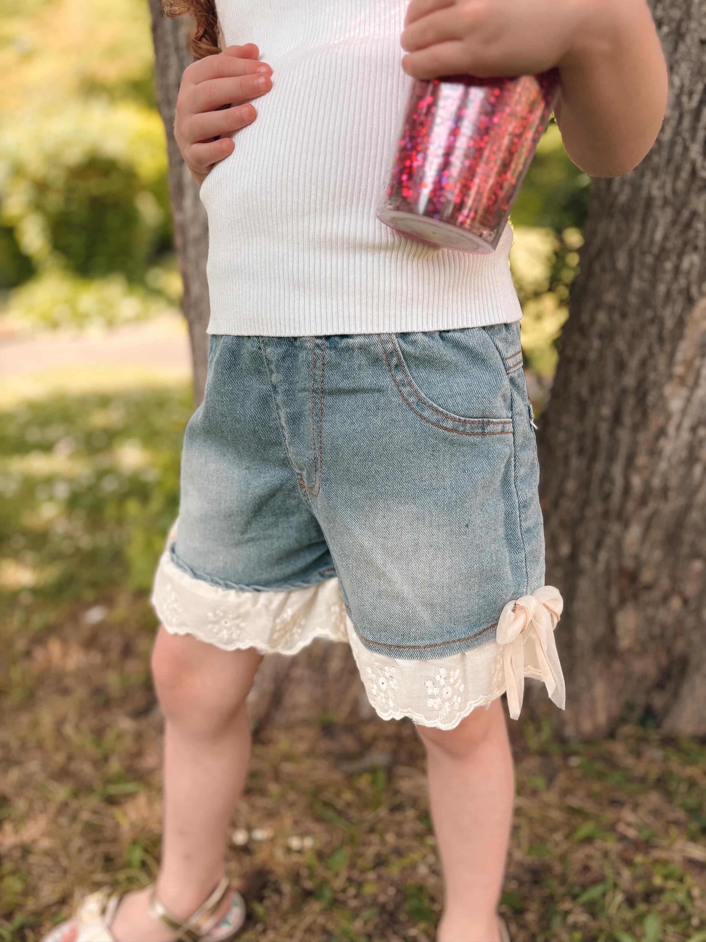Summer lace bow ruffle trim denim shorts