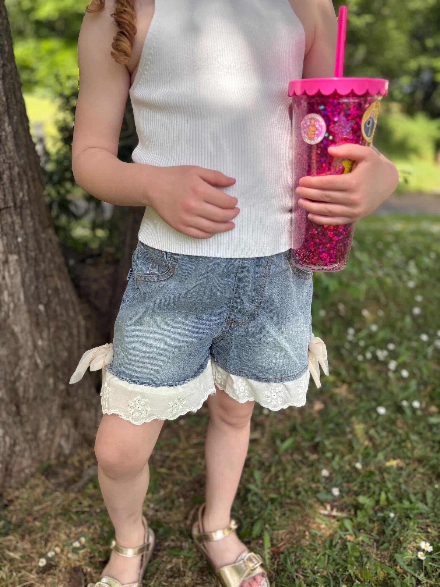 Summer lace bow ruffle trim denim shorts