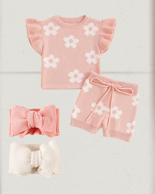 Thick knit summer flower co ord and knit bow headband