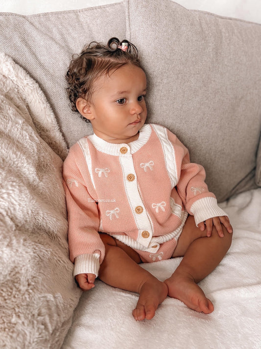 Embroidered bow romper/cardigan/set