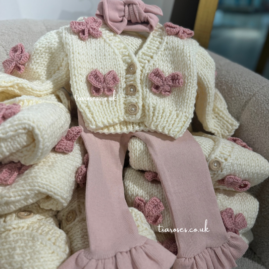 Handmade pink cotton frill trim leggings and bow set (cardigan sold separately)