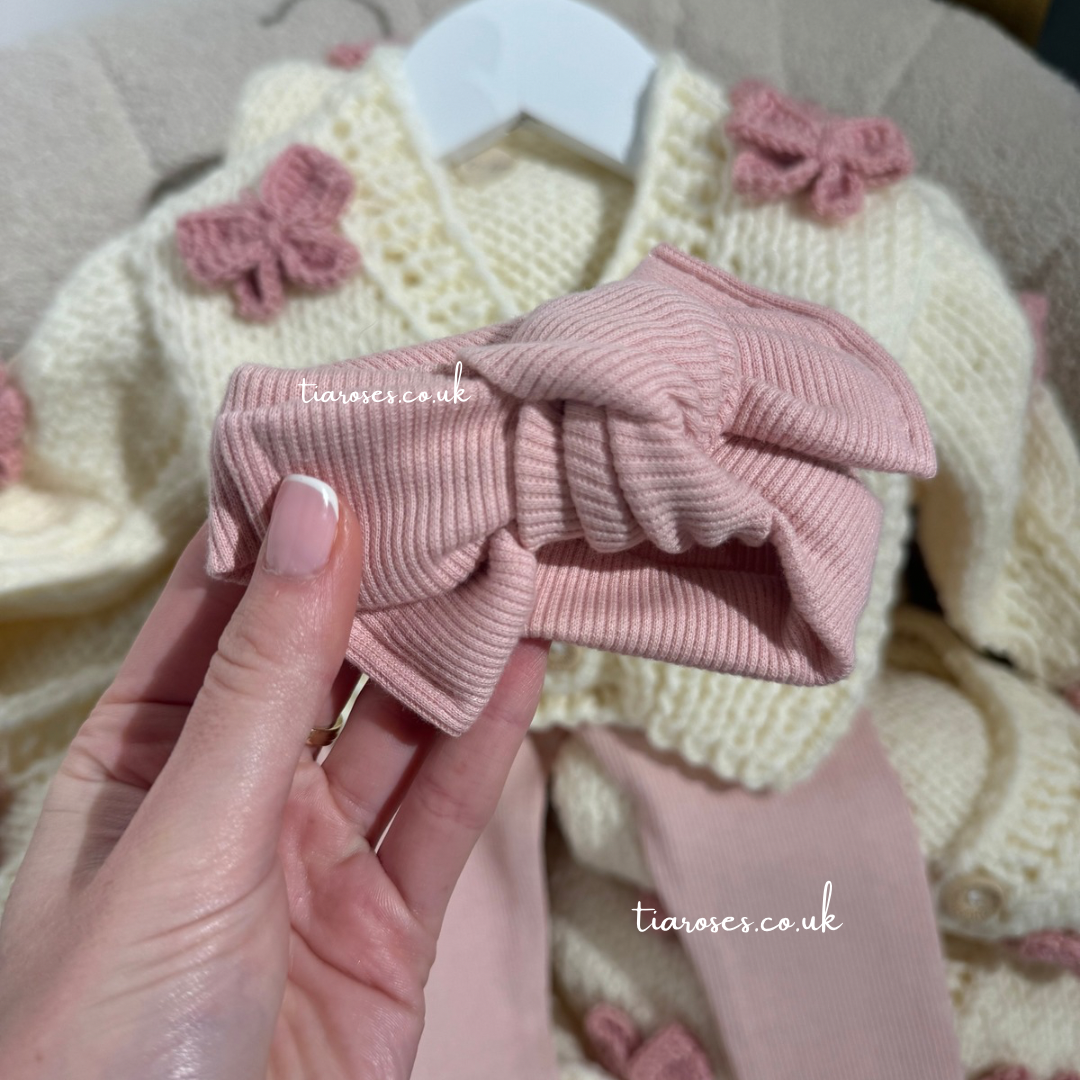 Handmade pink cotton frill trim leggings and bow set (cardigan sold separately)